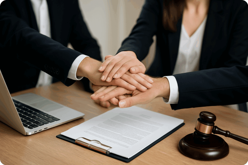 Hands Over Legal Documents and Gavel Multiple hands resting on a stack of legal documents beside a gavel and a laptop on a wooden table.